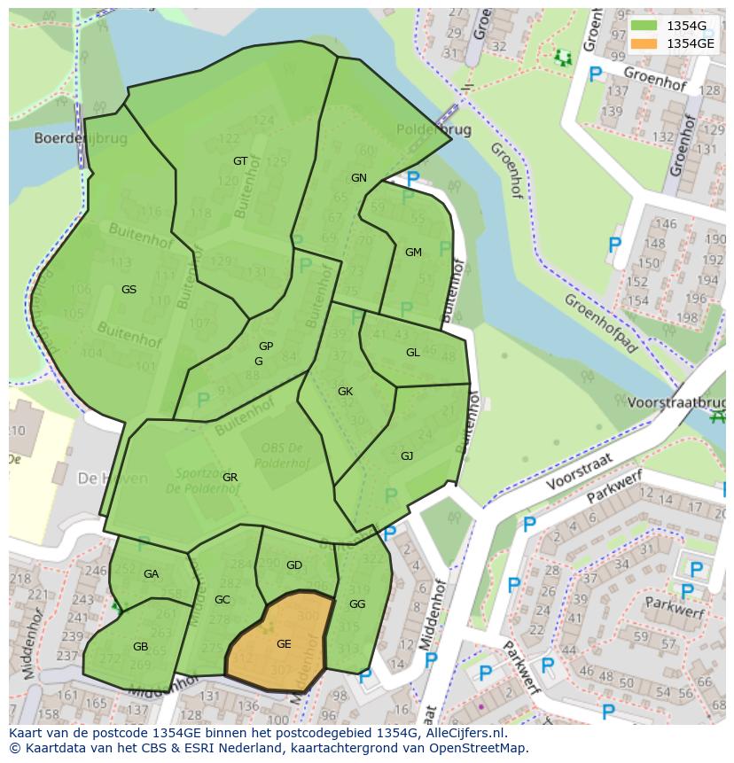 Afbeelding van het postcodegebied 1354 GE op de kaart.