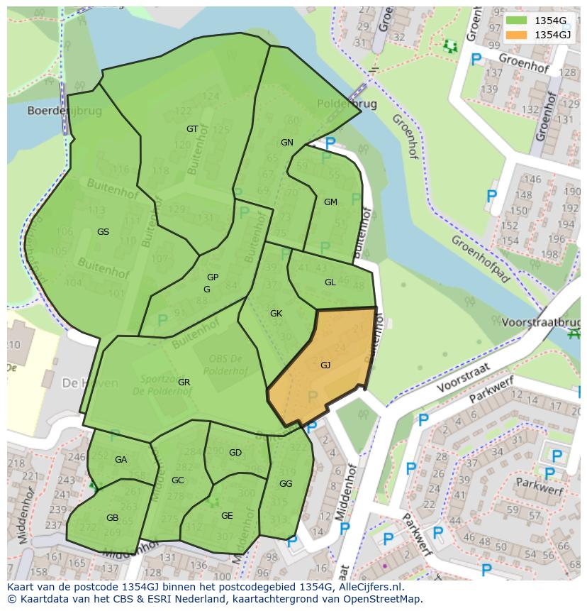 Afbeelding van het postcodegebied 1354 GJ op de kaart.
