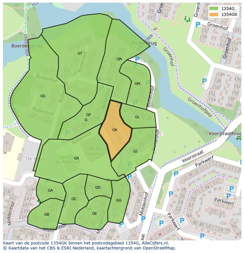 Afbeelding van het postcodegebied 1354 GK op de kaart.