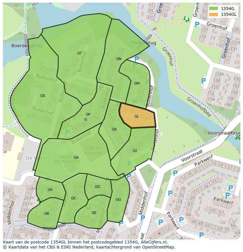 Afbeelding van het postcodegebied 1354 GL op de kaart.