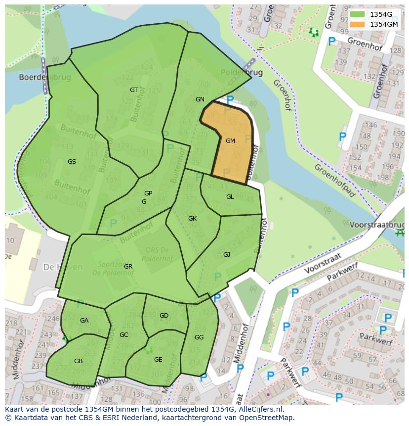 Afbeelding van het postcodegebied 1354 GM op de kaart.