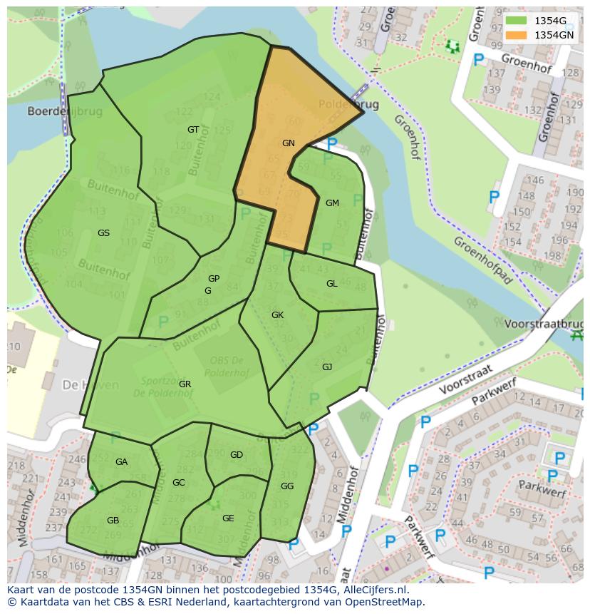 Afbeelding van het postcodegebied 1354 GN op de kaart.