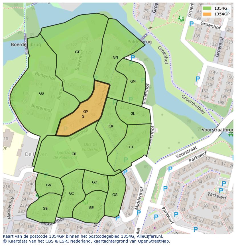 Afbeelding van het postcodegebied 1354 GP op de kaart.