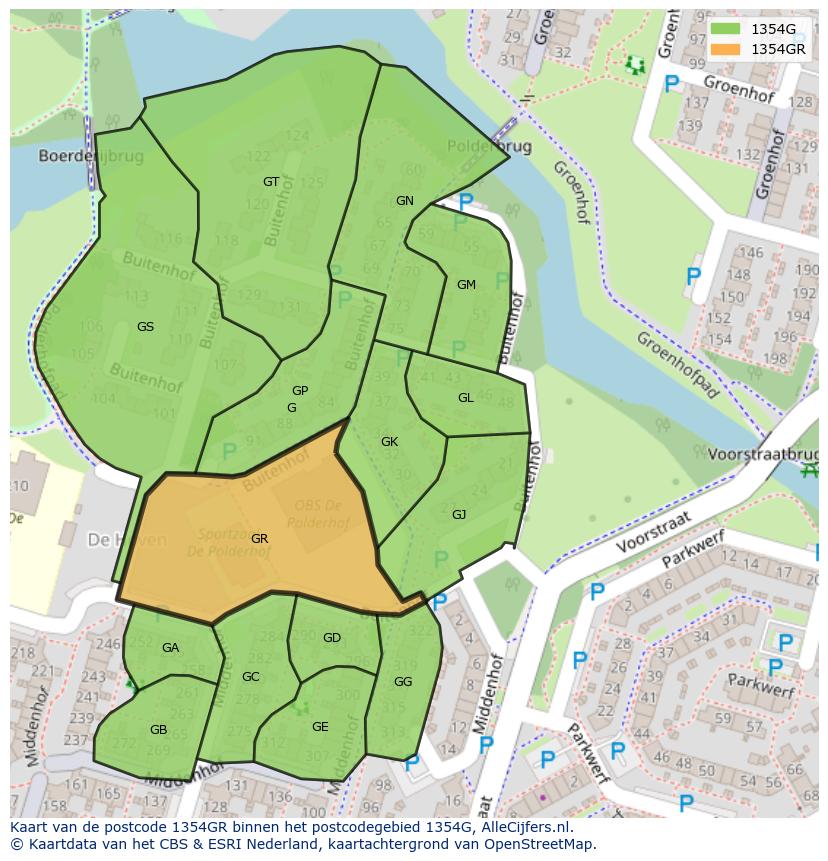 Afbeelding van het postcodegebied 1354 GR op de kaart.
