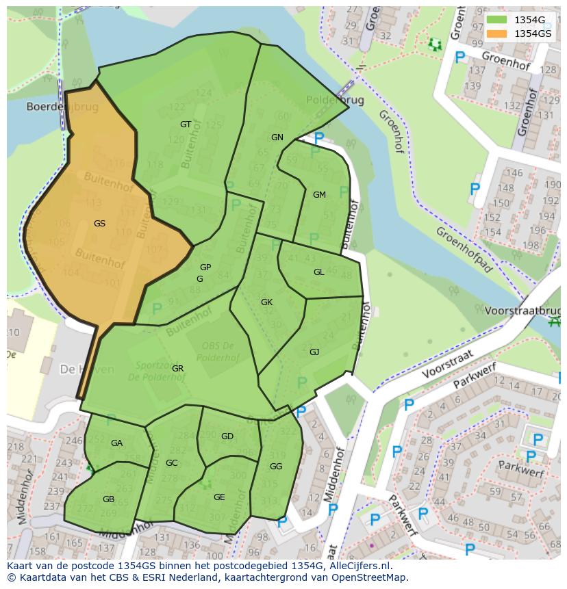 Afbeelding van het postcodegebied 1354 GS op de kaart.