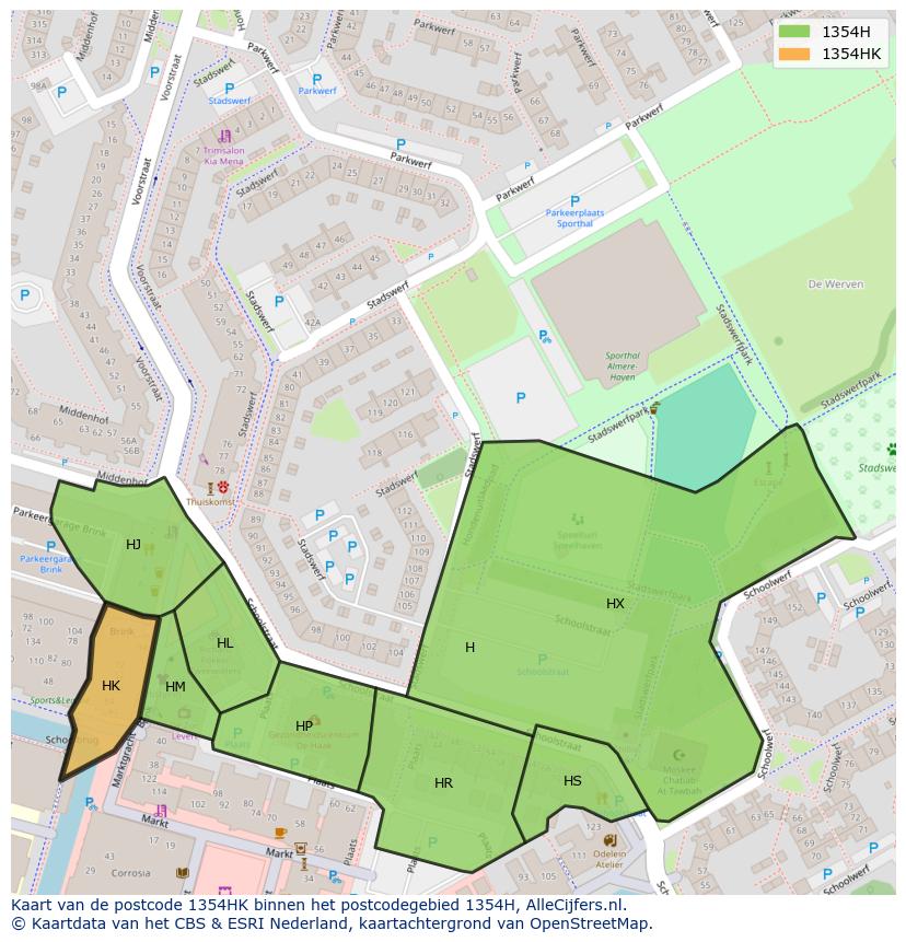 Afbeelding van het postcodegebied 1354 HK op de kaart.