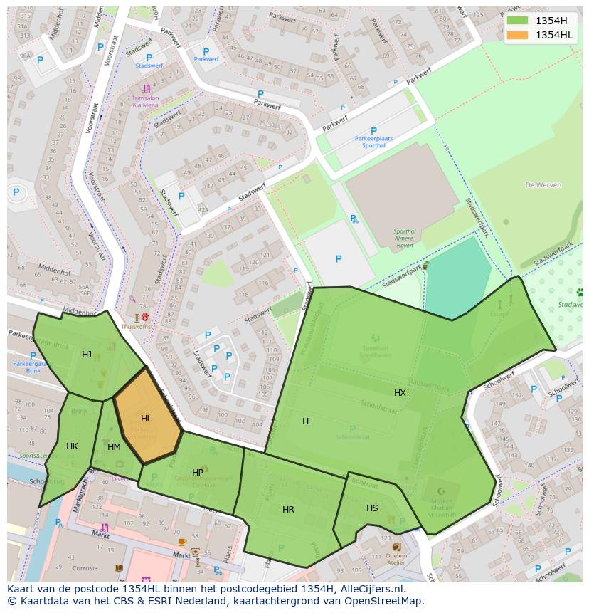 Afbeelding van het postcodegebied 1354 HL op de kaart.