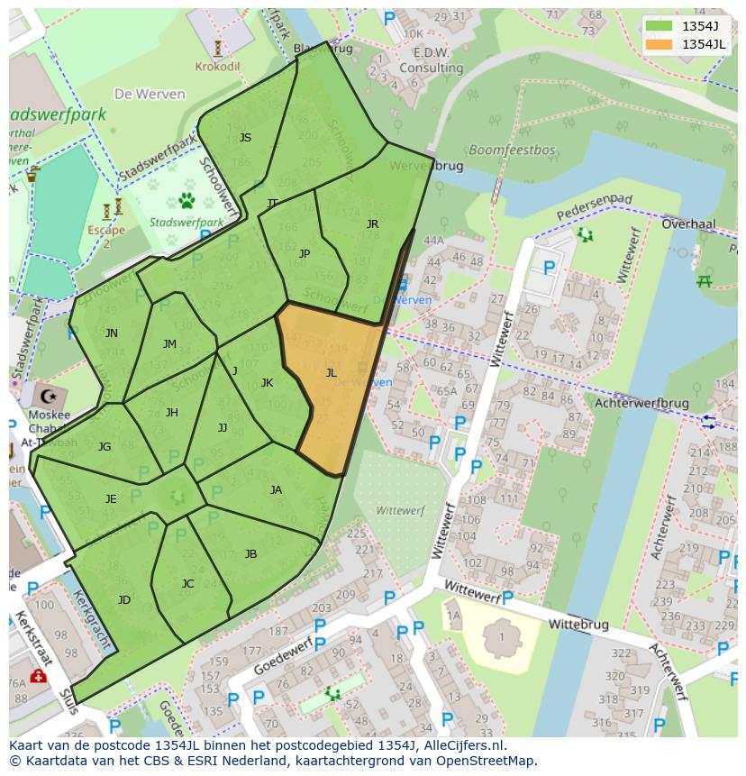 Afbeelding van het postcodegebied 1354 JL op de kaart.