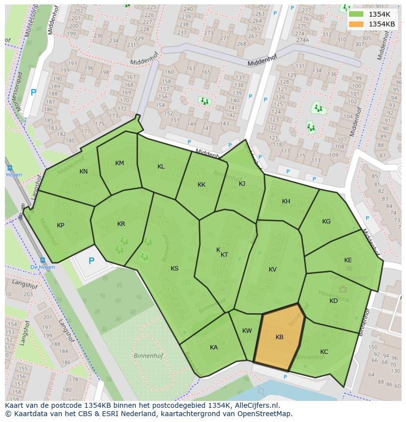 Afbeelding van het postcodegebied 1354 KB op de kaart.