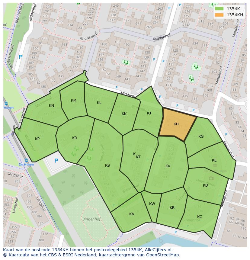 Afbeelding van het postcodegebied 1354 KH op de kaart.