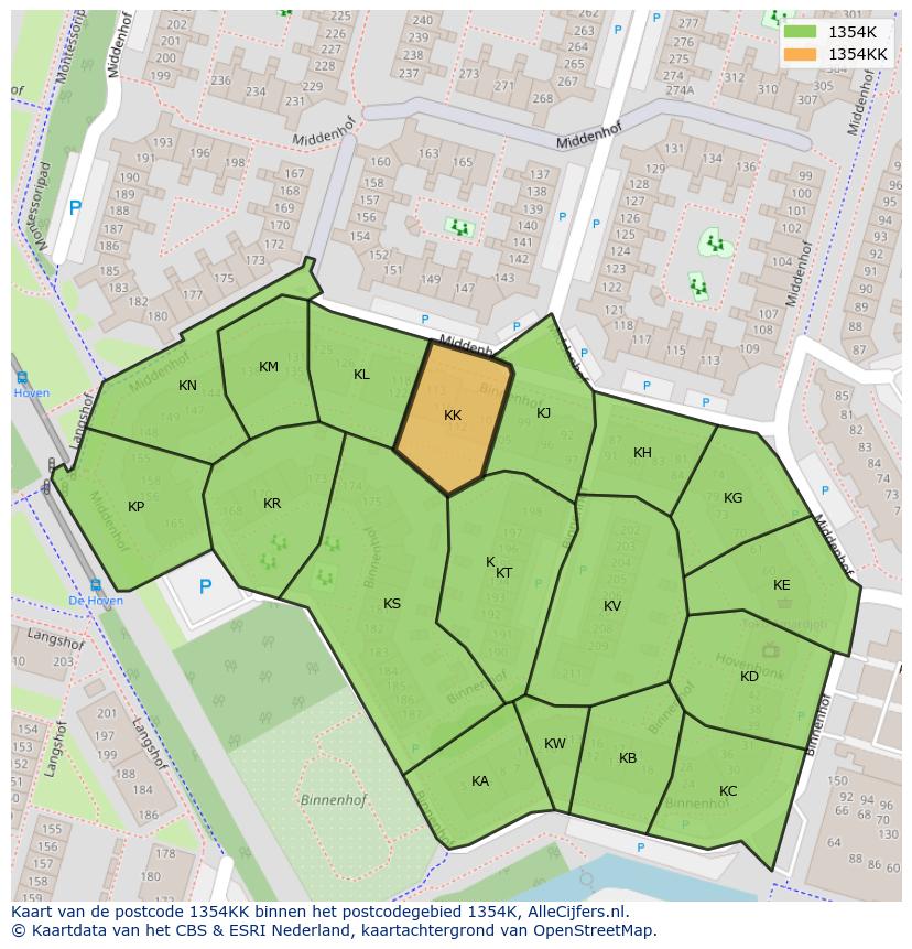 Afbeelding van het postcodegebied 1354 KK op de kaart.