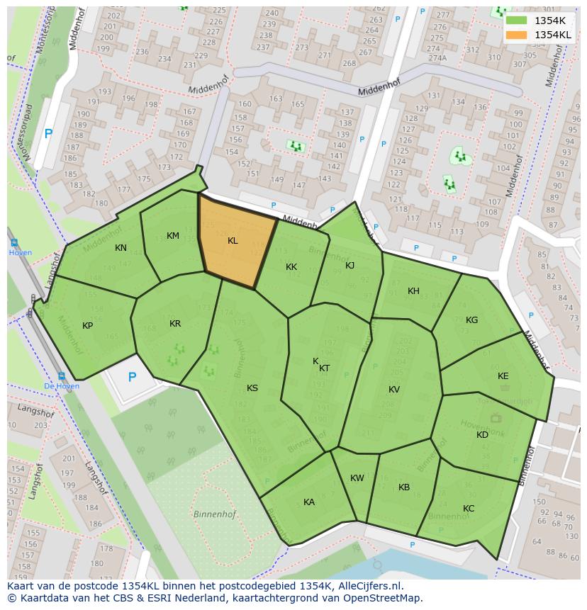 Afbeelding van het postcodegebied 1354 KL op de kaart.