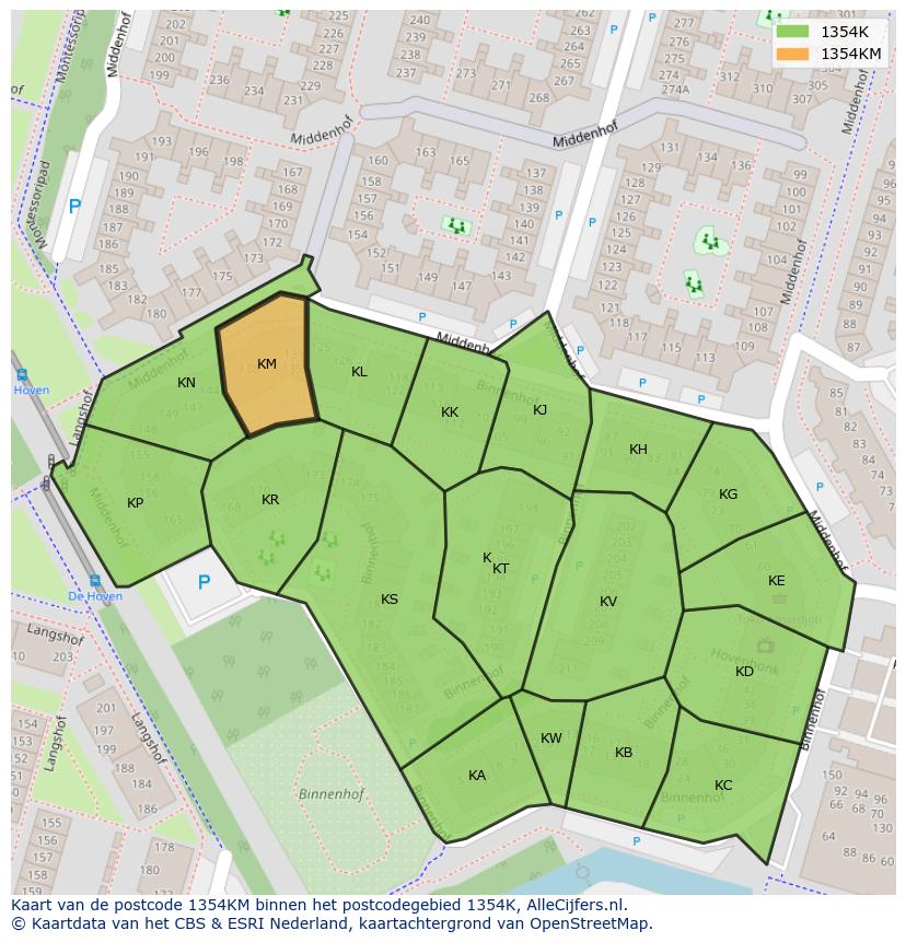 Afbeelding van het postcodegebied 1354 KM op de kaart.