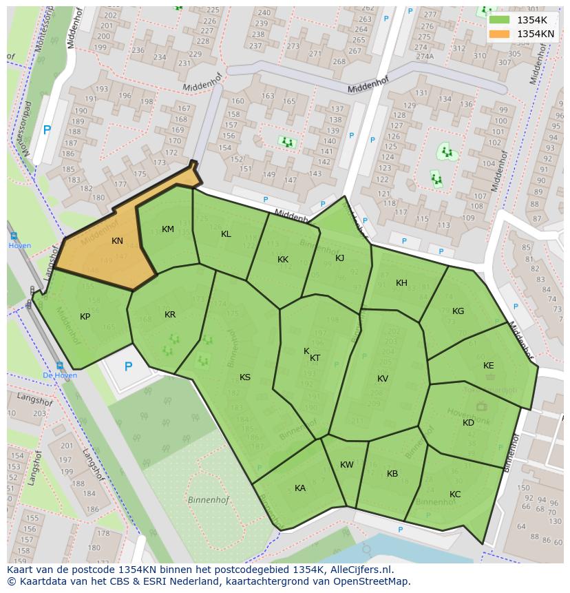 Afbeelding van het postcodegebied 1354 KN op de kaart.