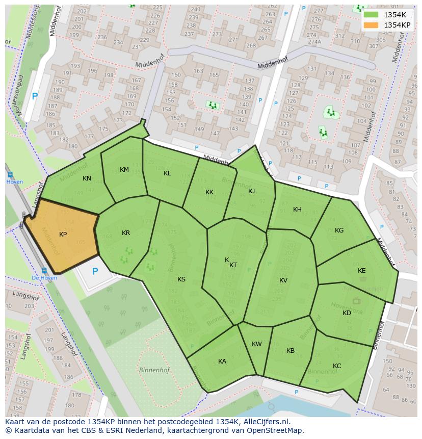 Afbeelding van het postcodegebied 1354 KP op de kaart.