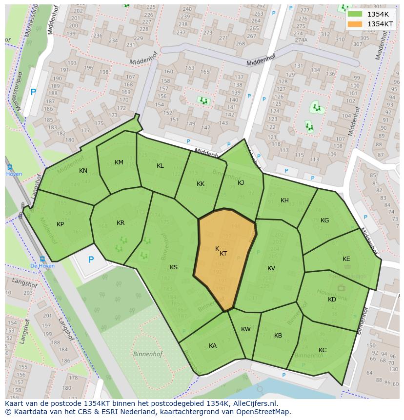 Afbeelding van het postcodegebied 1354 KT op de kaart.