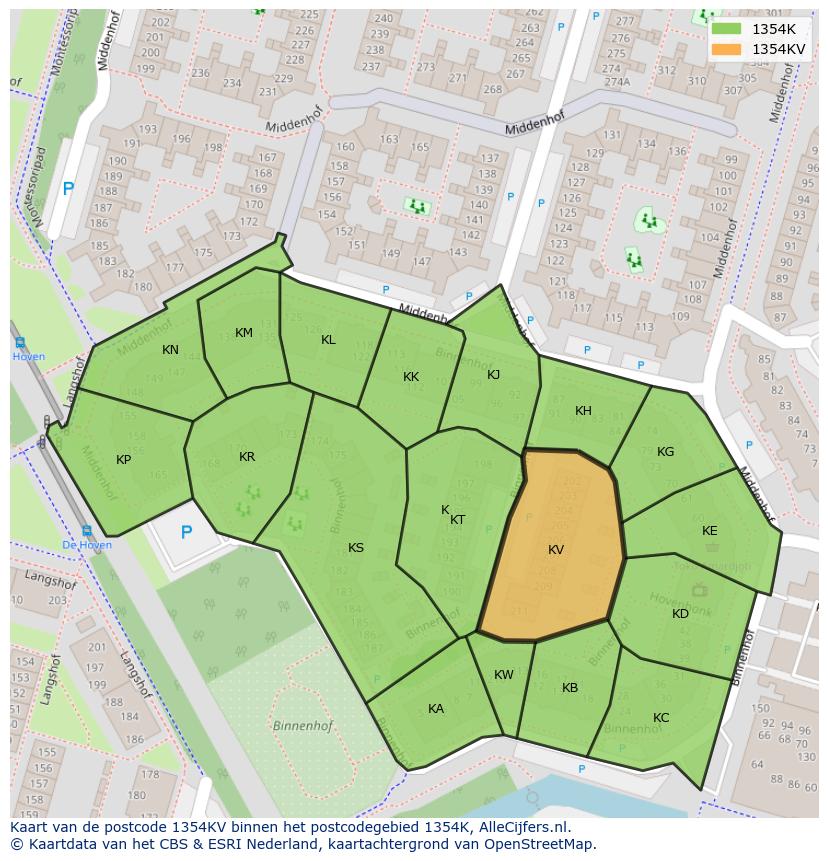 Afbeelding van het postcodegebied 1354 KV op de kaart.
