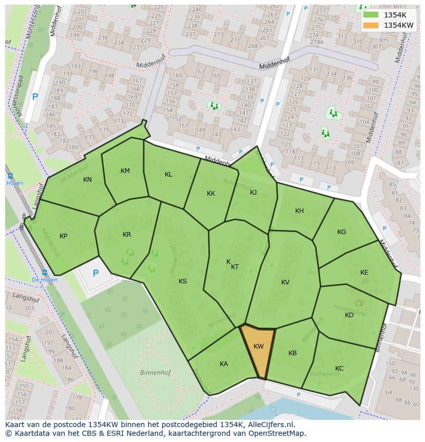 Afbeelding van het postcodegebied 1354 KW op de kaart.