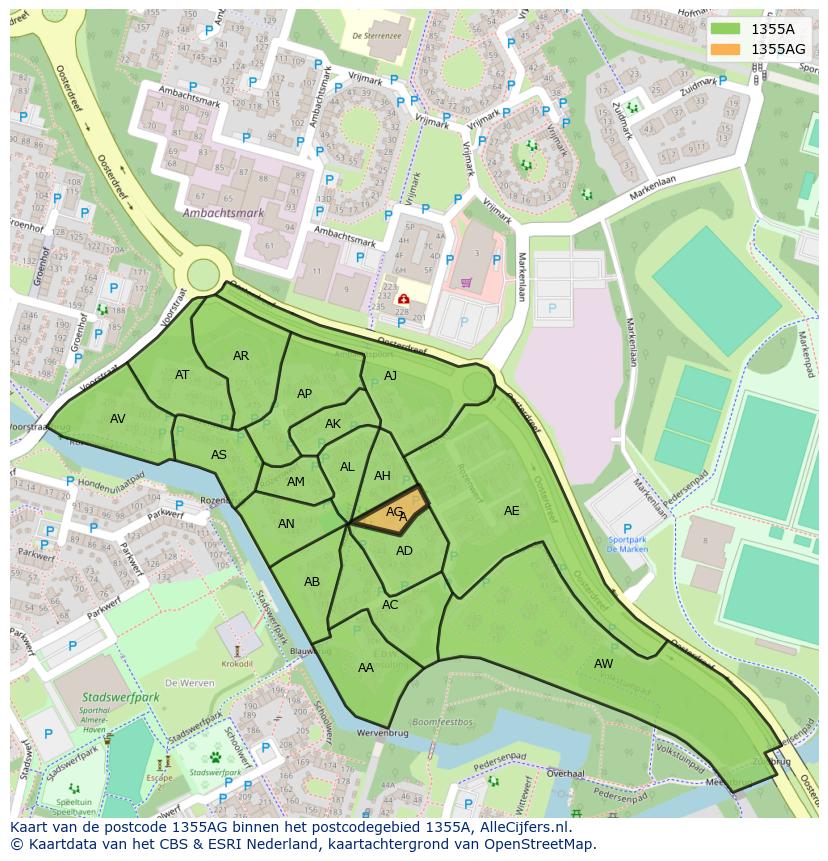 Afbeelding van het postcodegebied 1355 AG op de kaart.