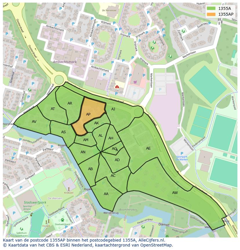 Afbeelding van het postcodegebied 1355 AP op de kaart.