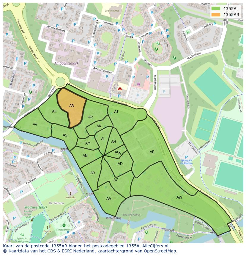 Afbeelding van het postcodegebied 1355 AR op de kaart.