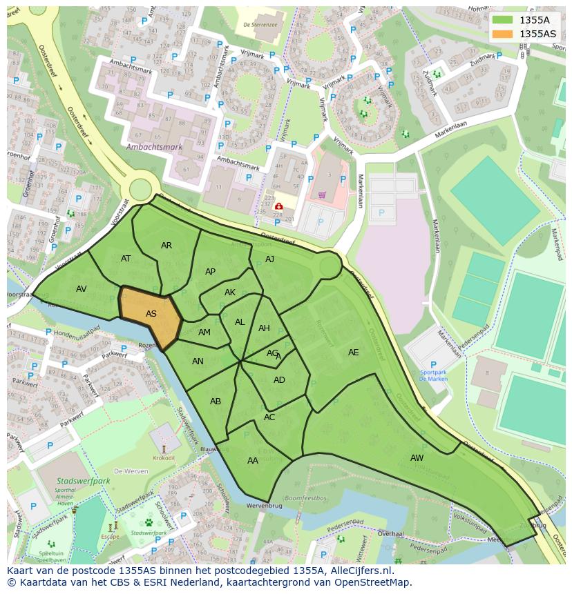 Afbeelding van het postcodegebied 1355 AS op de kaart.