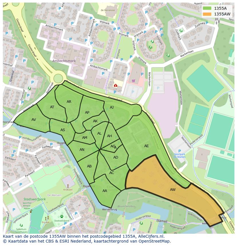 Afbeelding van het postcodegebied 1355 AW op de kaart.