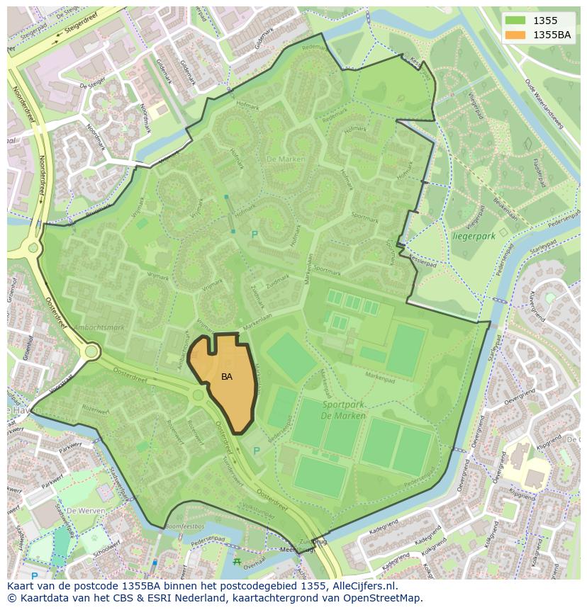 Afbeelding van het postcodegebied 1355 BA op de kaart.