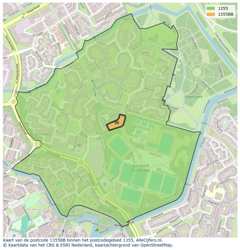Afbeelding van het postcodegebied 1355 BB op de kaart.
