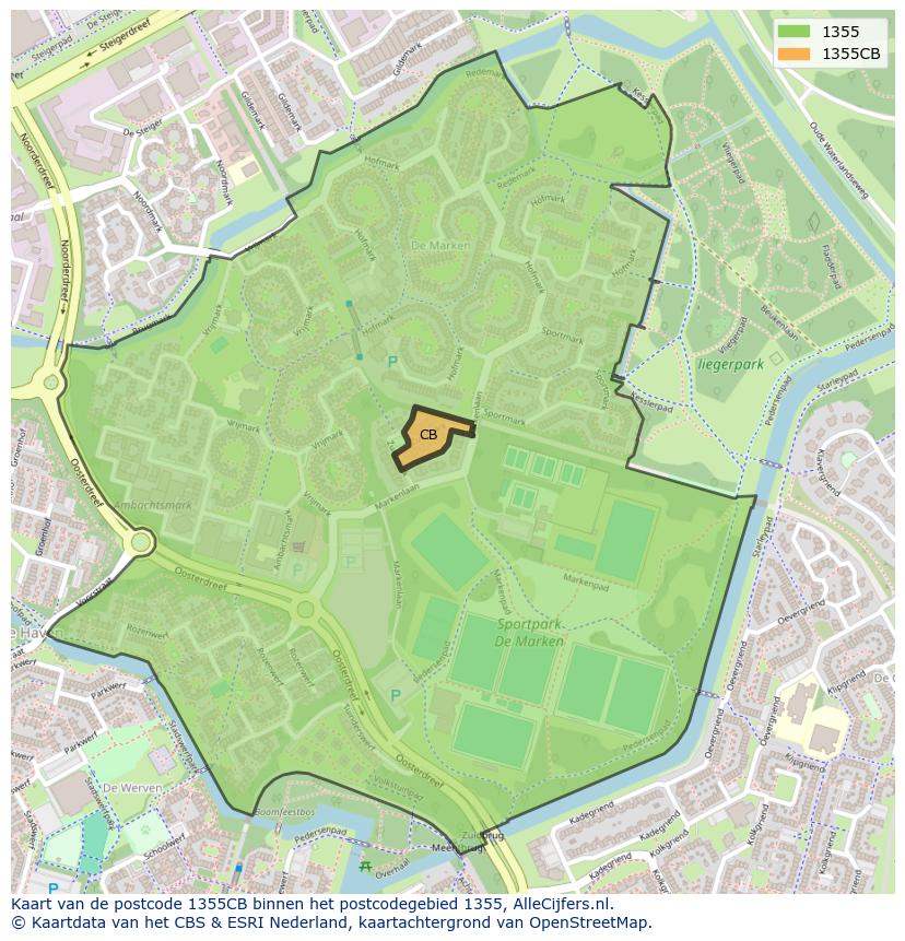 Afbeelding van het postcodegebied 1355 CB op de kaart.