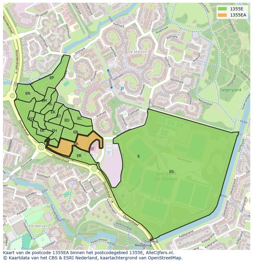 Afbeelding van het postcodegebied 1355 EA op de kaart.