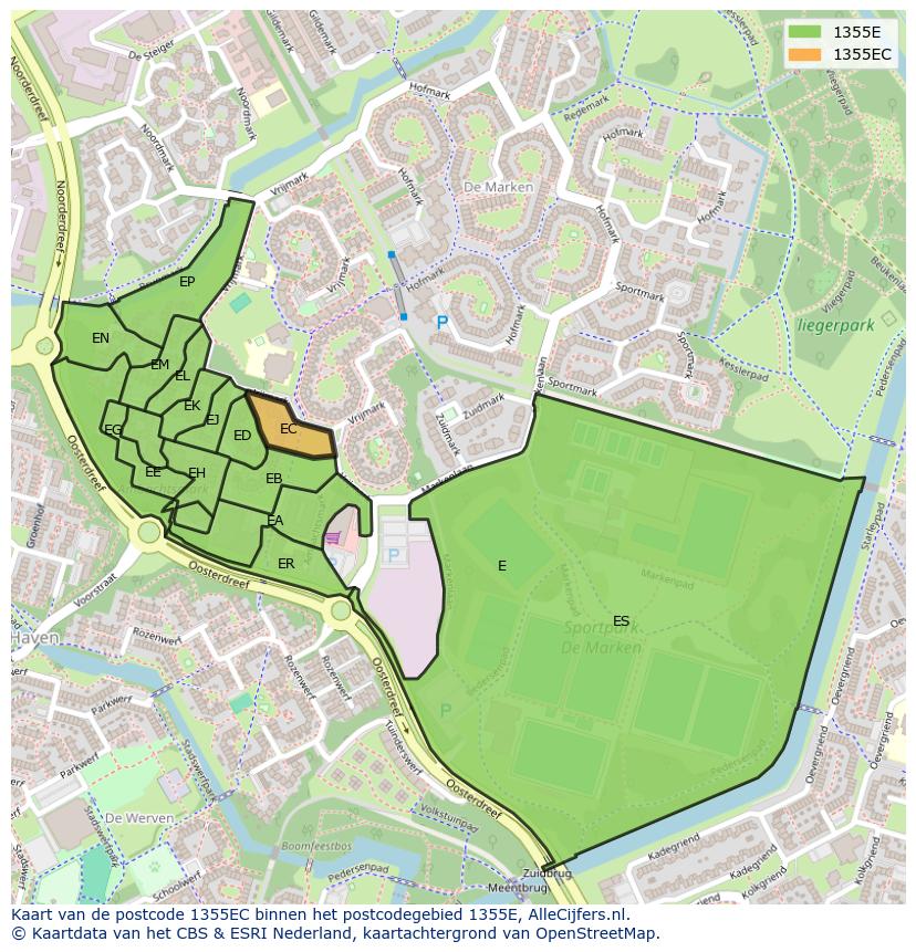 Afbeelding van het postcodegebied 1355 EC op de kaart.