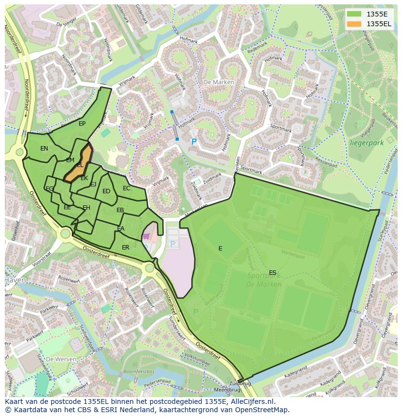 Afbeelding van het postcodegebied 1355 EL op de kaart.