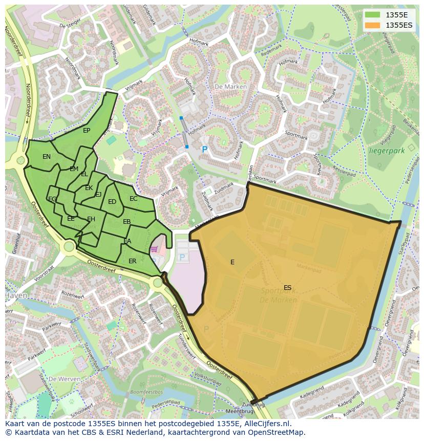 Afbeelding van het postcodegebied 1355 ES op de kaart.