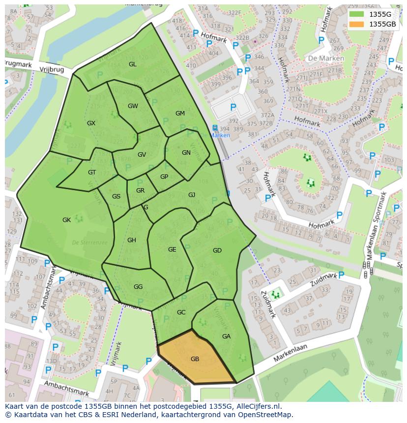 Afbeelding van het postcodegebied 1355 GB op de kaart.