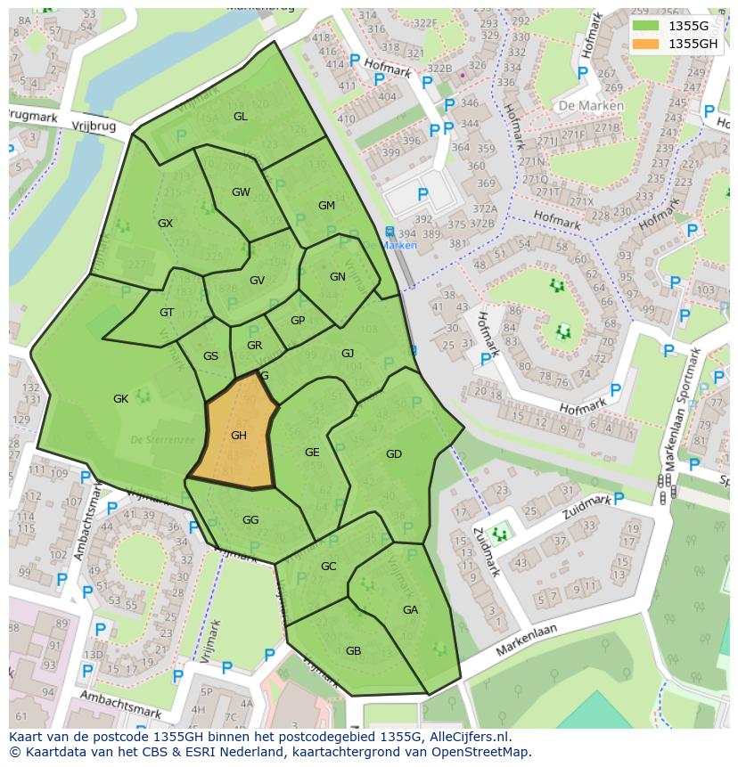 Afbeelding van het postcodegebied 1355 GH op de kaart.