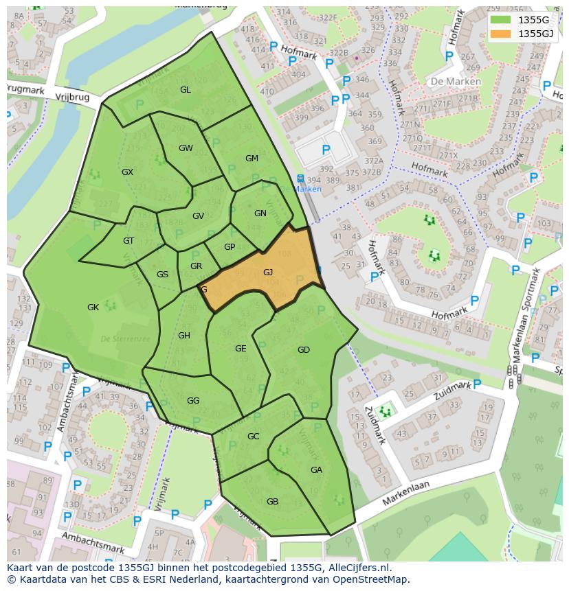 Afbeelding van het postcodegebied 1355 GJ op de kaart.