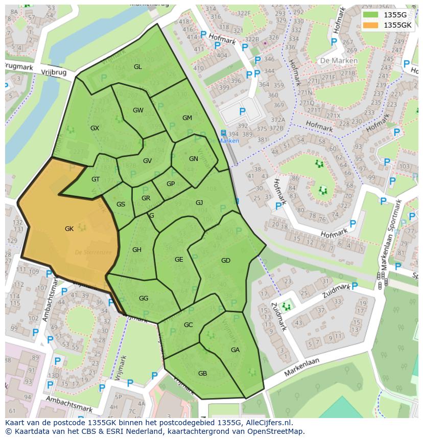 Afbeelding van het postcodegebied 1355 GK op de kaart.