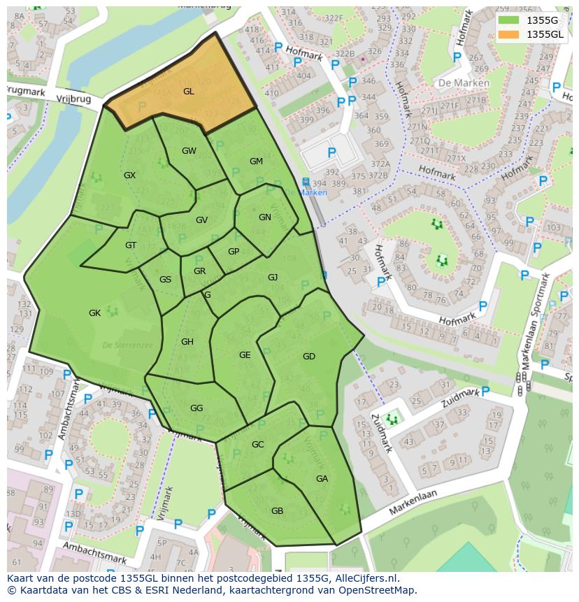 Afbeelding van het postcodegebied 1355 GL op de kaart.