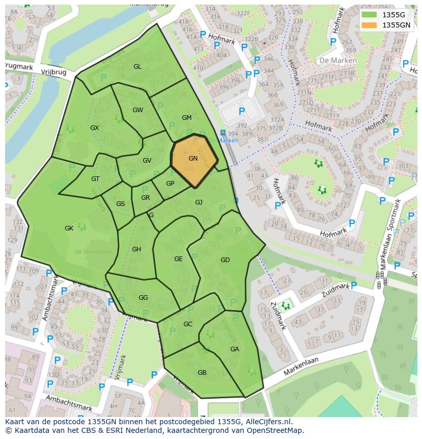 Afbeelding van het postcodegebied 1355 GN op de kaart.