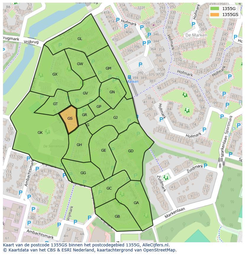 Afbeelding van het postcodegebied 1355 GS op de kaart.