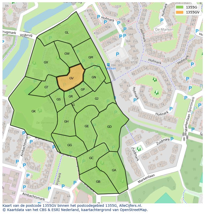 Afbeelding van het postcodegebied 1355 GV op de kaart.
