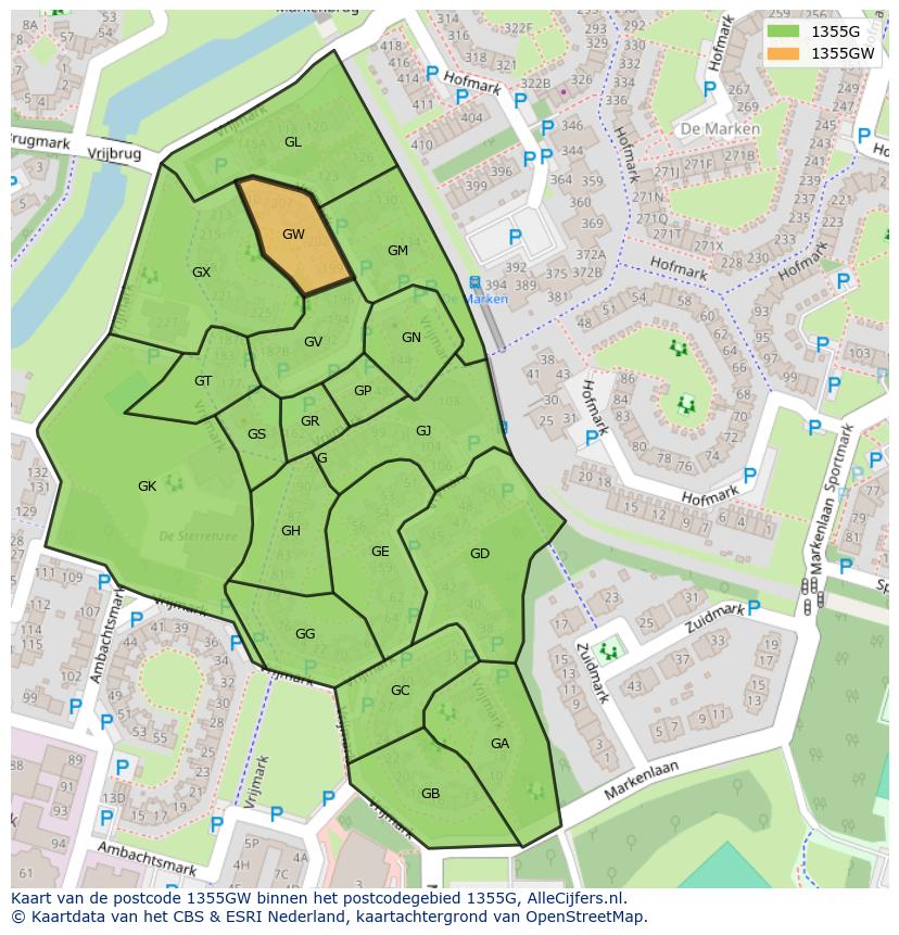 Afbeelding van het postcodegebied 1355 GW op de kaart.