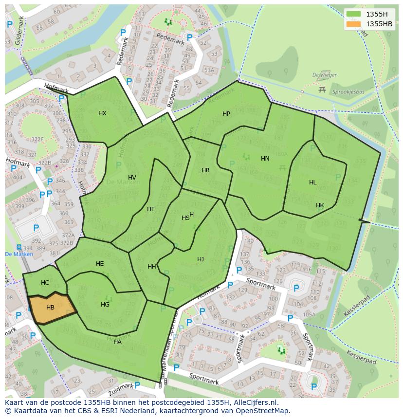 Afbeelding van het postcodegebied 1355 HB op de kaart.
