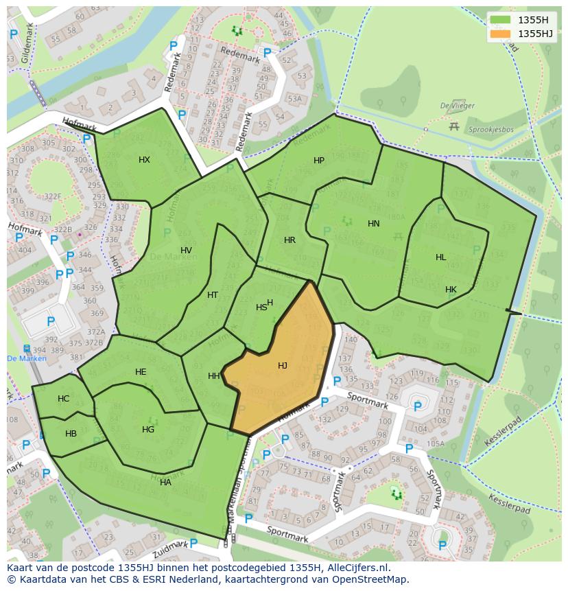 Afbeelding van het postcodegebied 1355 HJ op de kaart.
