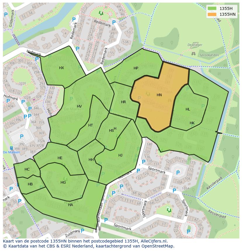Afbeelding van het postcodegebied 1355 HN op de kaart.