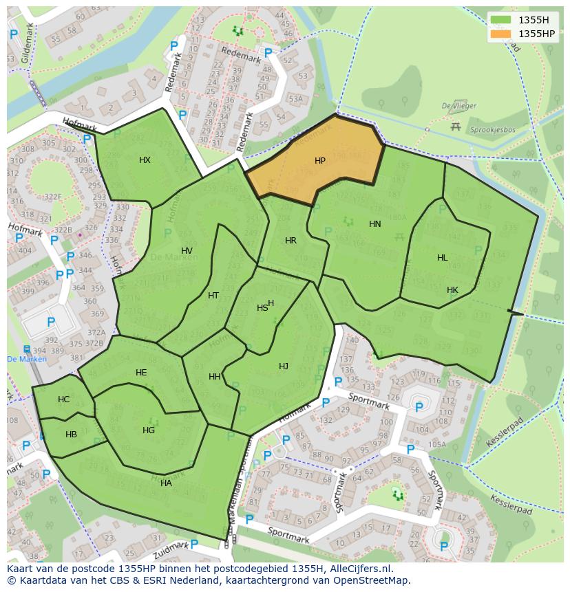Afbeelding van het postcodegebied 1355 HP op de kaart.