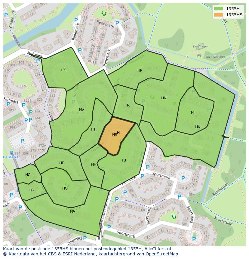 Afbeelding van het postcodegebied 1355 HS op de kaart.