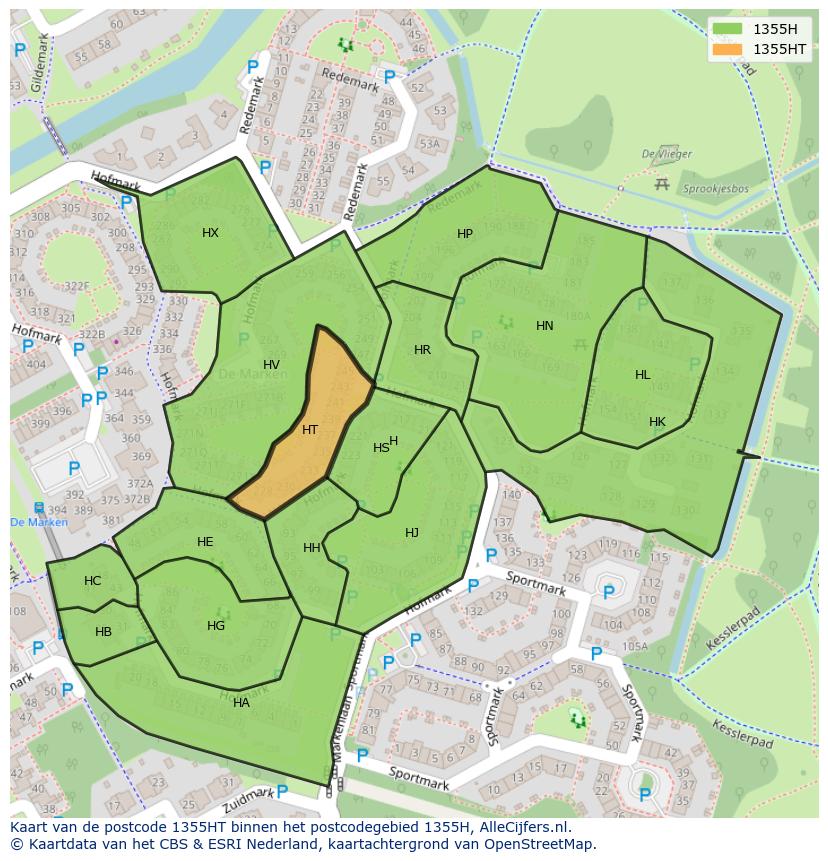 Afbeelding van het postcodegebied 1355 HT op de kaart.