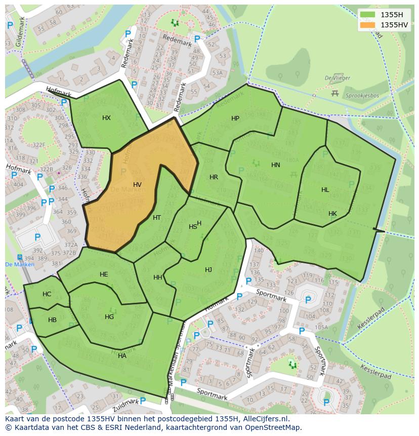 Afbeelding van het postcodegebied 1355 HV op de kaart.